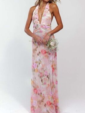 💖 Hello Gorgeous! Floral Halter Neck Deep V Maxi Dress - Pink